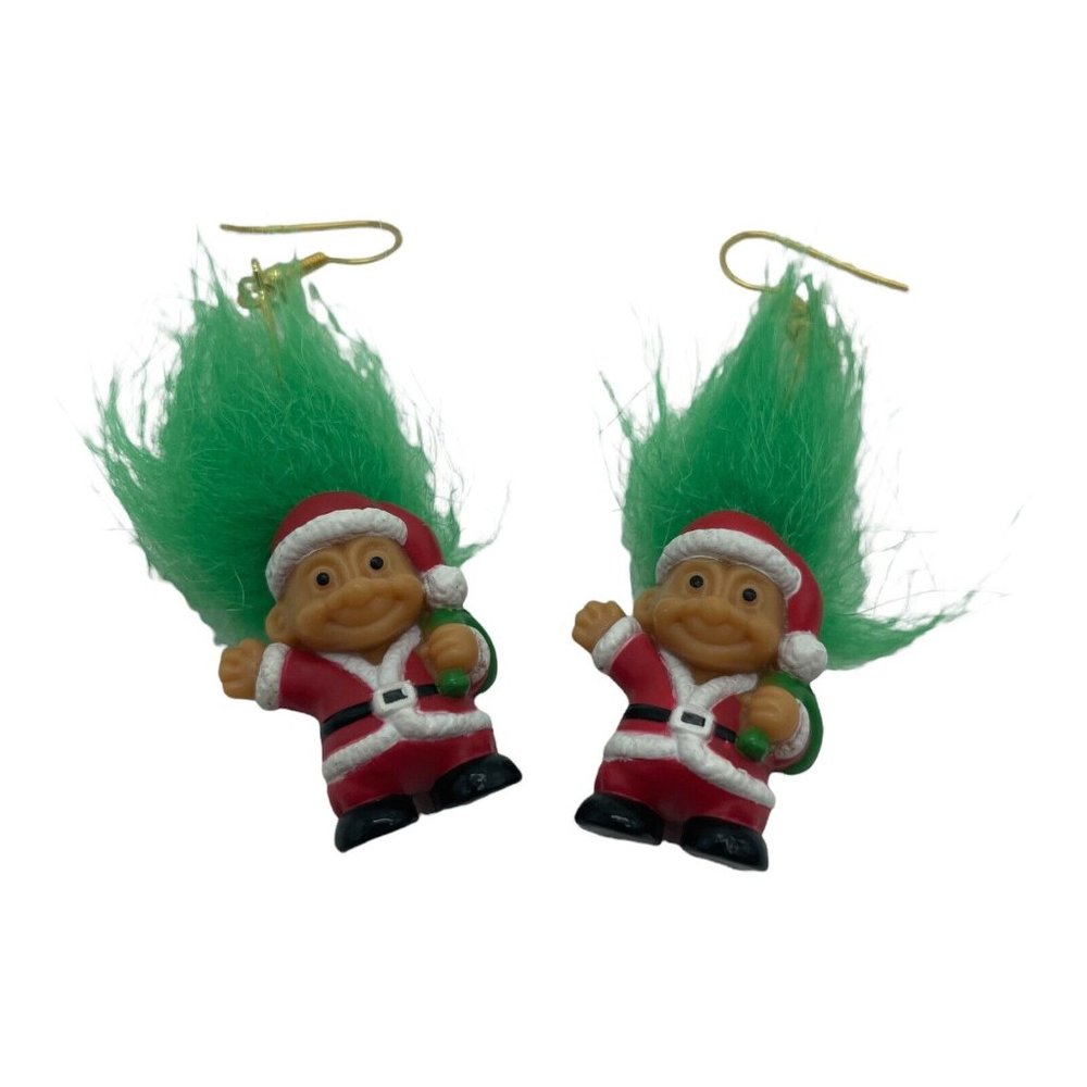 Vintage Russ Troll Doll Green Hair Santa Claus Dangle Earrings Christmas 3"